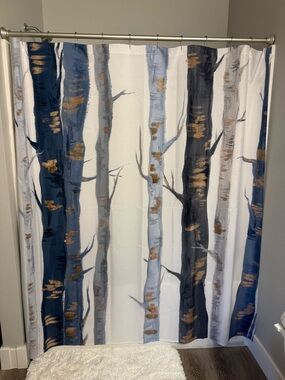 Laurel Home Designer Birch Forest Shower Curtain in Navy, Gray & Gold